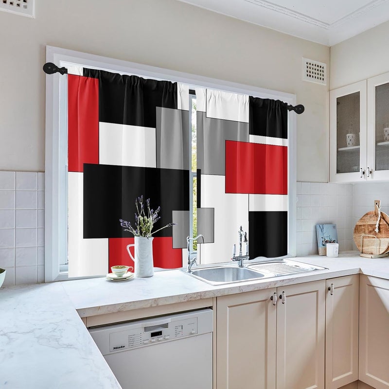 Tayney Red Kitchen Curtains 45 Inch Length Black Grey White Window Short Tier Curtains Over Sink Set of 2, Modern Abstract Geometric Art Kitchen Decor 42x45 Inch - Image 3